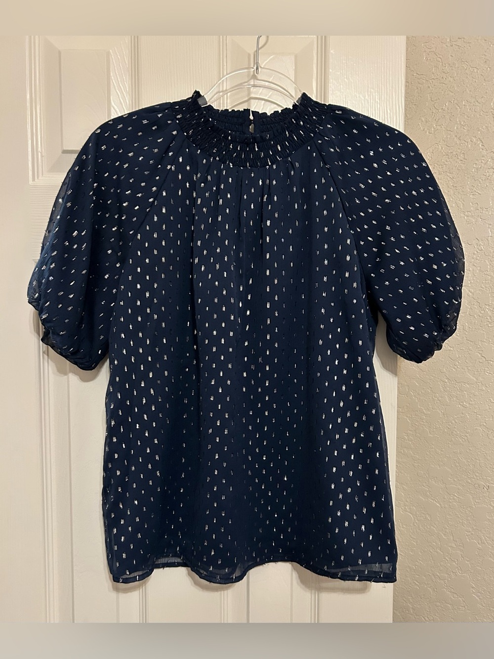 LOFT Navy Smocked Neck Puff Sleeve Blouse with White Dot Print